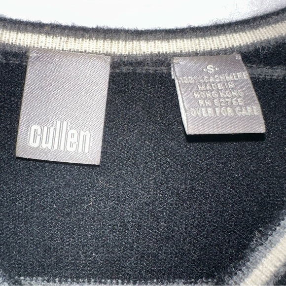 Cashmere Pull Over V Neck Striped Sweater by Cullen Gray Cream and Black Size Sm - Picture 3 of 5